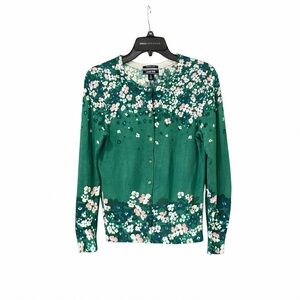 Lands' End Women's Small S Cardigan Bright Pine Floral‎ Crew Neck Button Green